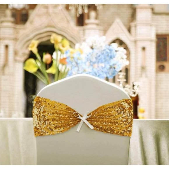 50 pieces | Gold Sequin Chair Sashes Stretch Spandex Bands Wedding Decor - Picture 1 of 5